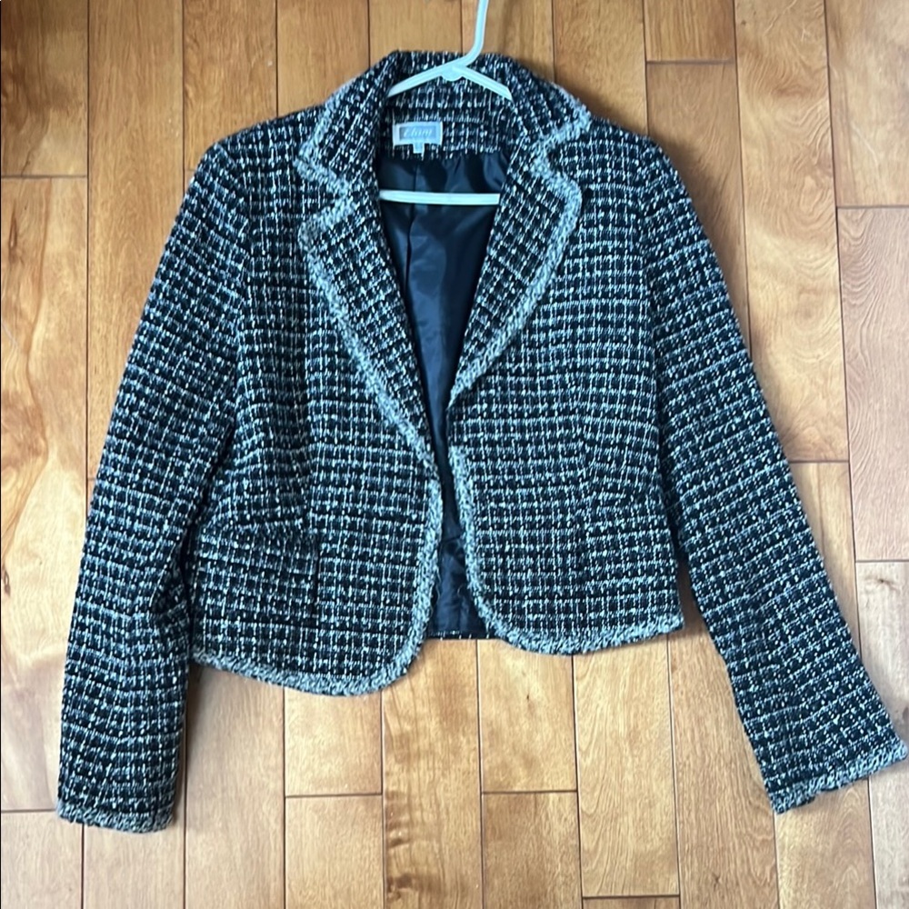 Black and White Checkered Blazer with Structured Design